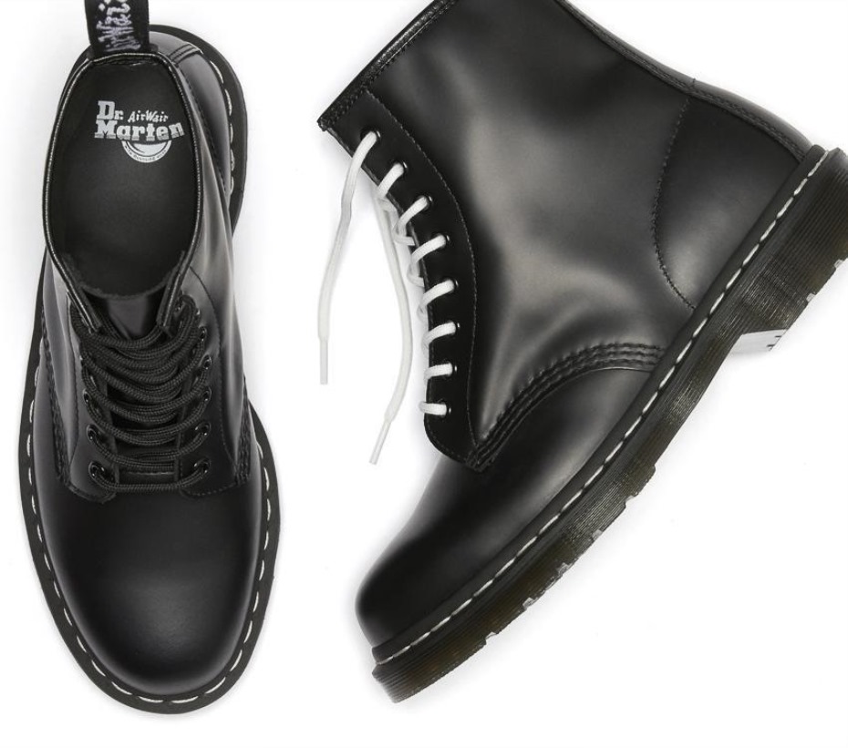 1460 λεία λευκή βελονιά μαύρες μπότες Dr.martens